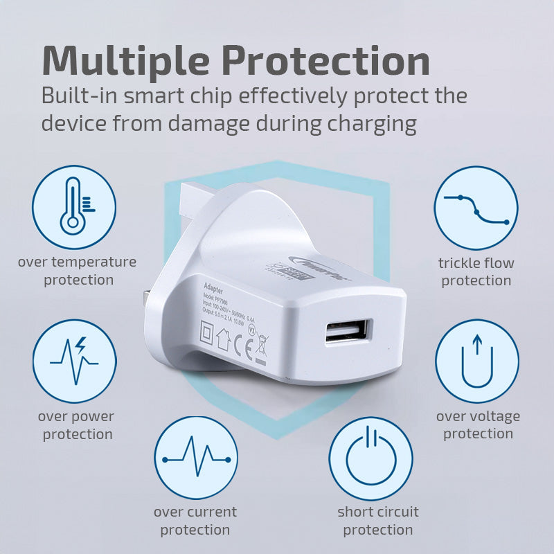 USB Smart Charger - USB-A, Dual Voltage 100-240 AC, 12W, PP7986AWH