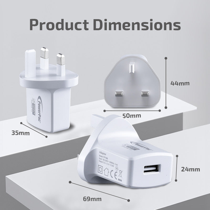 USB Smart Charger - USB-A, Dual Voltage 100-240 AC, 12W, PP7986AWH