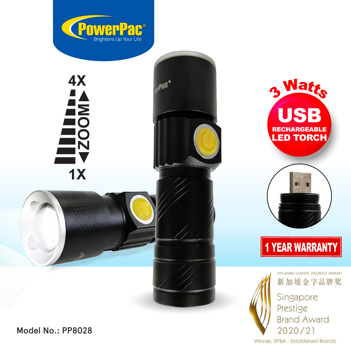 USB Rechargeable LED Flashlight, High Power Portable EDC Torch light (PP8028)