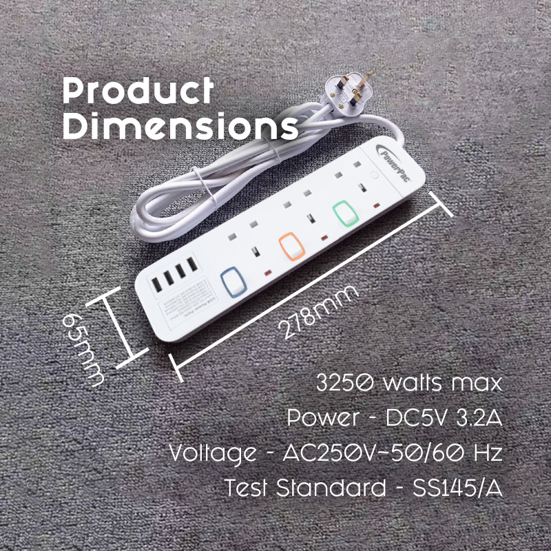 Extension Cord, Extension Socket, Power Cord 3 Metre 3 way with 4x USB Charger (PP9113U)