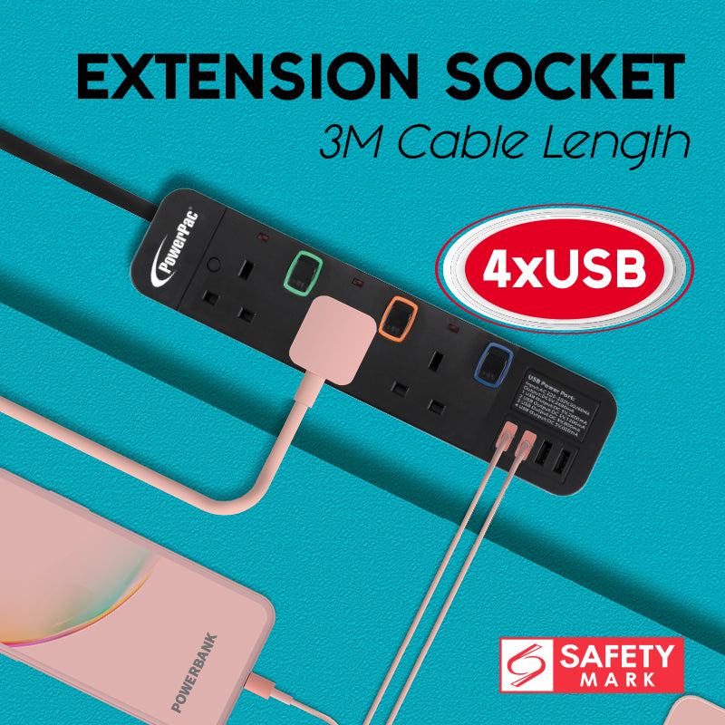 Extension Cord, Extension Socket, Power Cord 3 Metre 3 way with 4x USB Charger (PP9113UBK)