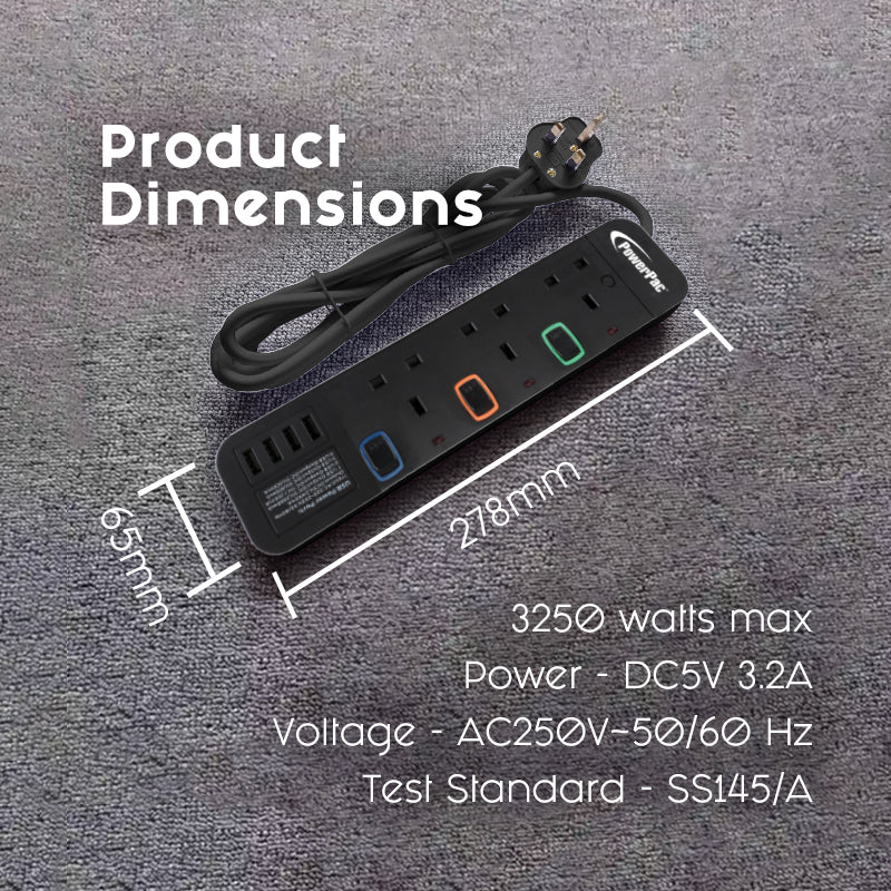 Extension Cord, Extension Socket, Power Cord 3 Metre 3 way with 4x USB Charger (PP9113UBK)