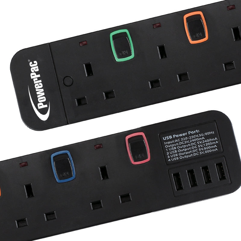 Extension Cord, Extension Socket, Power Cord 3 Metre 6 way with 4x USB Charger (PP9116UBK)