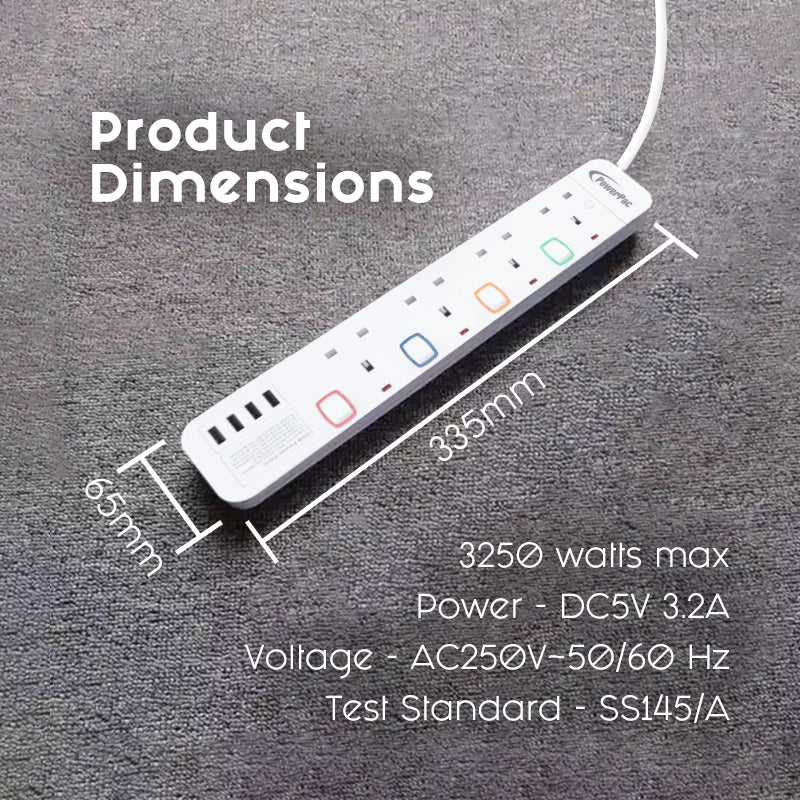 Extension Cord, Extension Socket, Power Cord 3 Metre 4 way with 4x USB Charger (PP9114U)