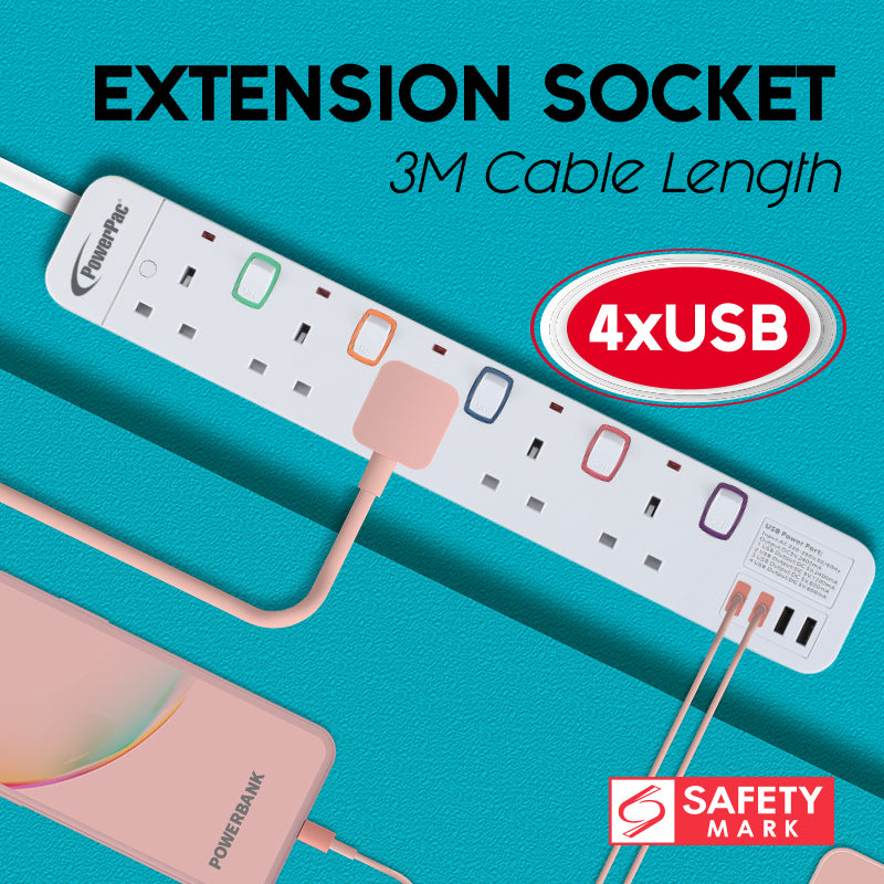 Extension Cord, Extension Socket, Power Cord 3 Metre 5 way with 4x USB Charger (PP9115U)