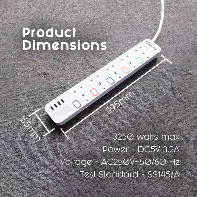 Extension Cord, Extension Socket, Power Cord 3 Metre 5 way with 4x USB Charger (PP9115U)
