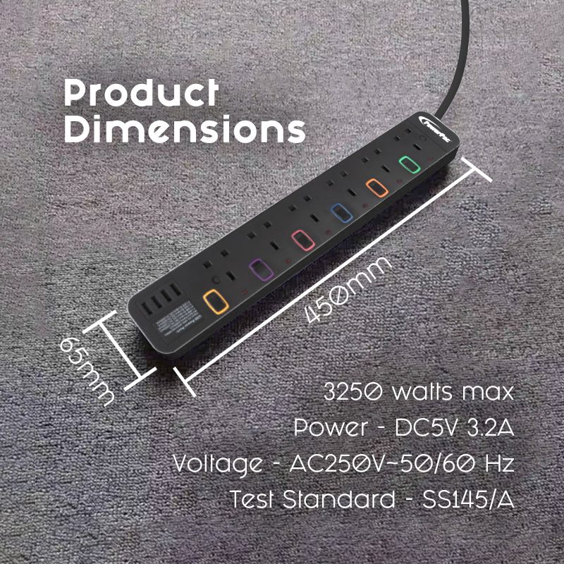 Extension Cord, Extension Socket, Power Cord 3 Metre 6 way with 4x USB Charger (PP9116UBK)