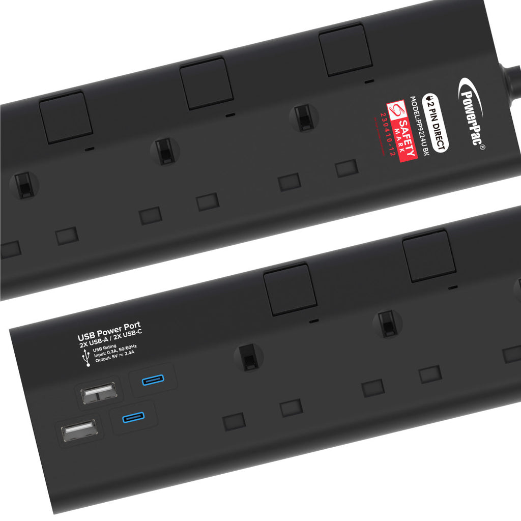 Extension Cord, Extension Socket 3 Metre 3 way with 2xUSB-A & 2xUSB-C Charger (PP9223UBK)