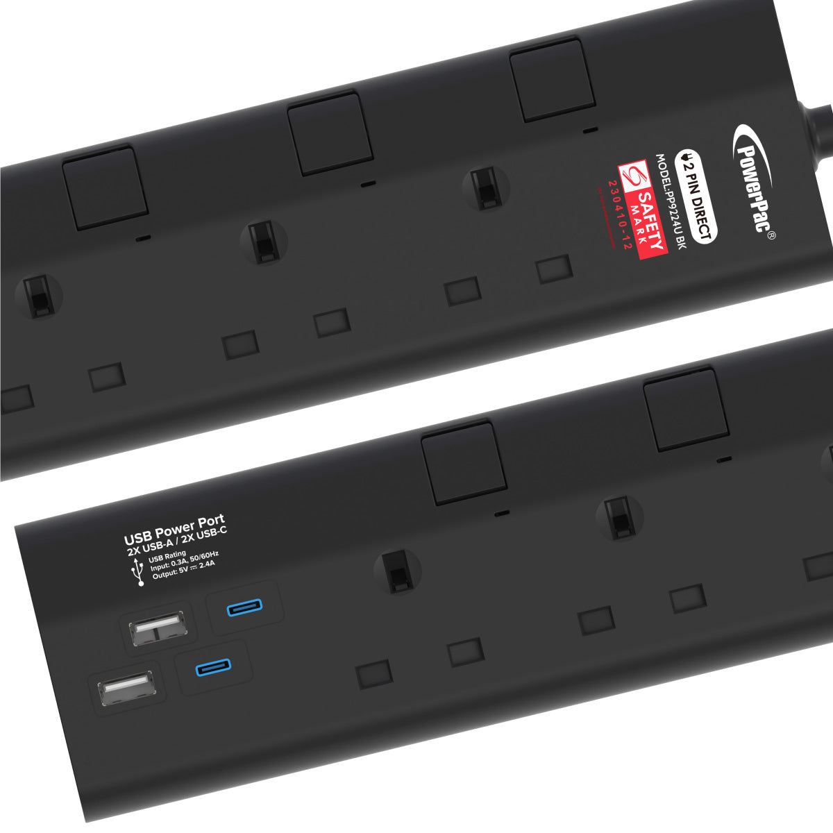 Extension Cord, Extension Socket 3 Metre 3 way with 2xUSB-A & 2xUSB-C Charger (PP9223UBK)