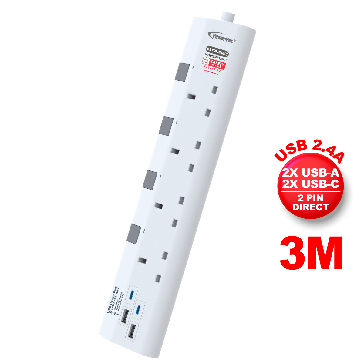 Extension Cord, Extension Socket 3 Metre 4 way with 2xUSB-A & 2xUSB-C Charger (PP9224U)