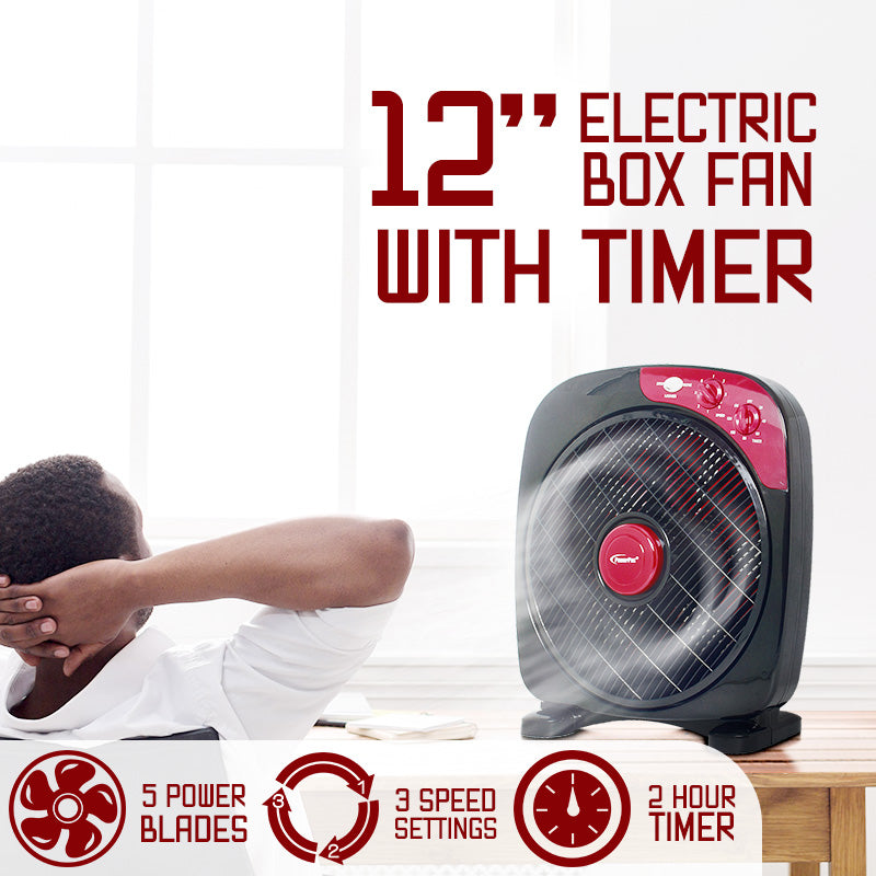 12" Box Fan – 5 blades, Adjustable Louver, Oscillation, Timer, Safe & Energy-efficient, 3-Speed, black & red, PPBF30