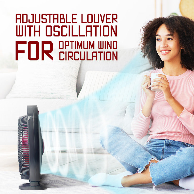 12" Box Fan – 5 blades, Adjustable Louver, Oscillation, Timer, Safe & Energy-efficient, 3-Speed, black & red, PPBF30