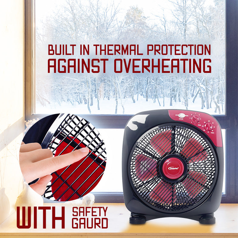 12" Box Fan – 5 blades, Adjustable Louver, Oscillation, Timer, Safe & Energy-efficient, 3-Speed, black & red, PPBF30