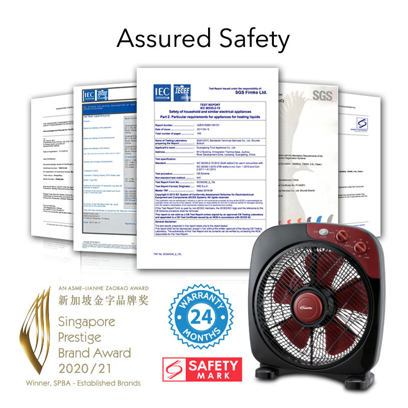 12" Box Fan – 5 blades, Adjustable Louver, Oscillation, Timer, Safe & Energy-efficient, 3-Speed, black & red, PPBF30