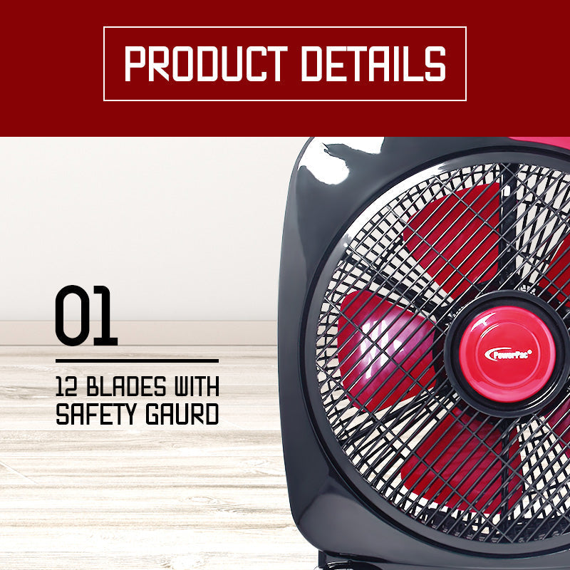 12" Box Fan – 5 blades, Adjustable Louver, Oscillation, Timer, Safe & Energy-efficient, 3-Speed, black & red, PPBF30