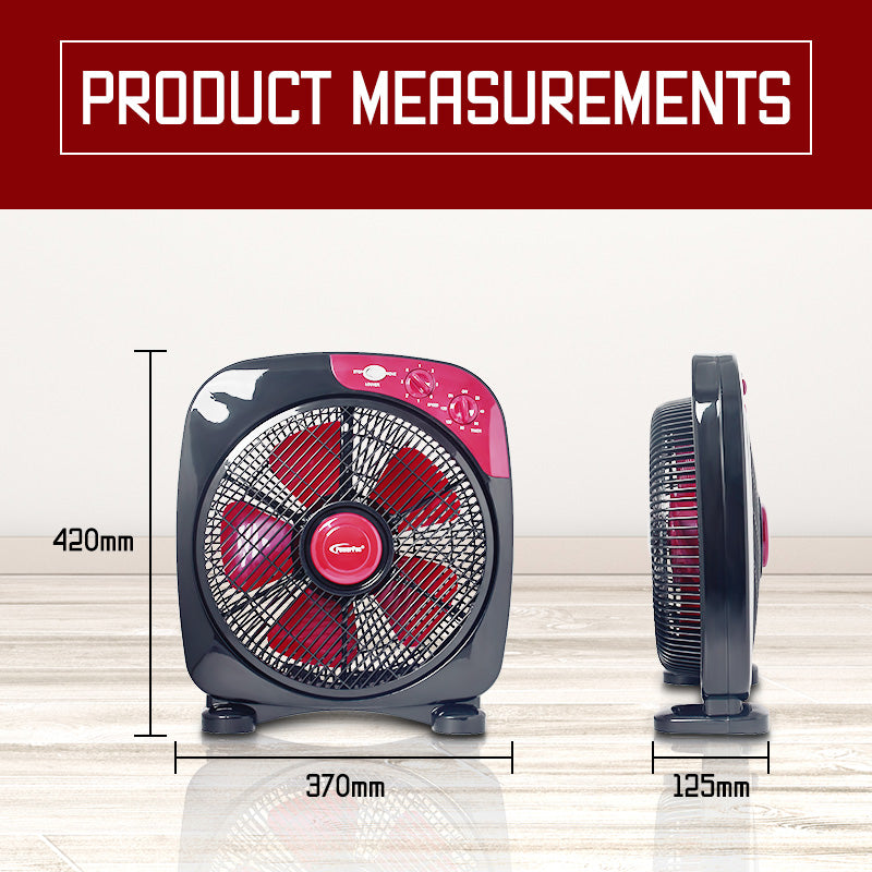 12" Box Fan – 5 blades, Adjustable Louver, Oscillation, Timer, Safe & Energy-efficient, 3-Speed, black & red, PPBF30