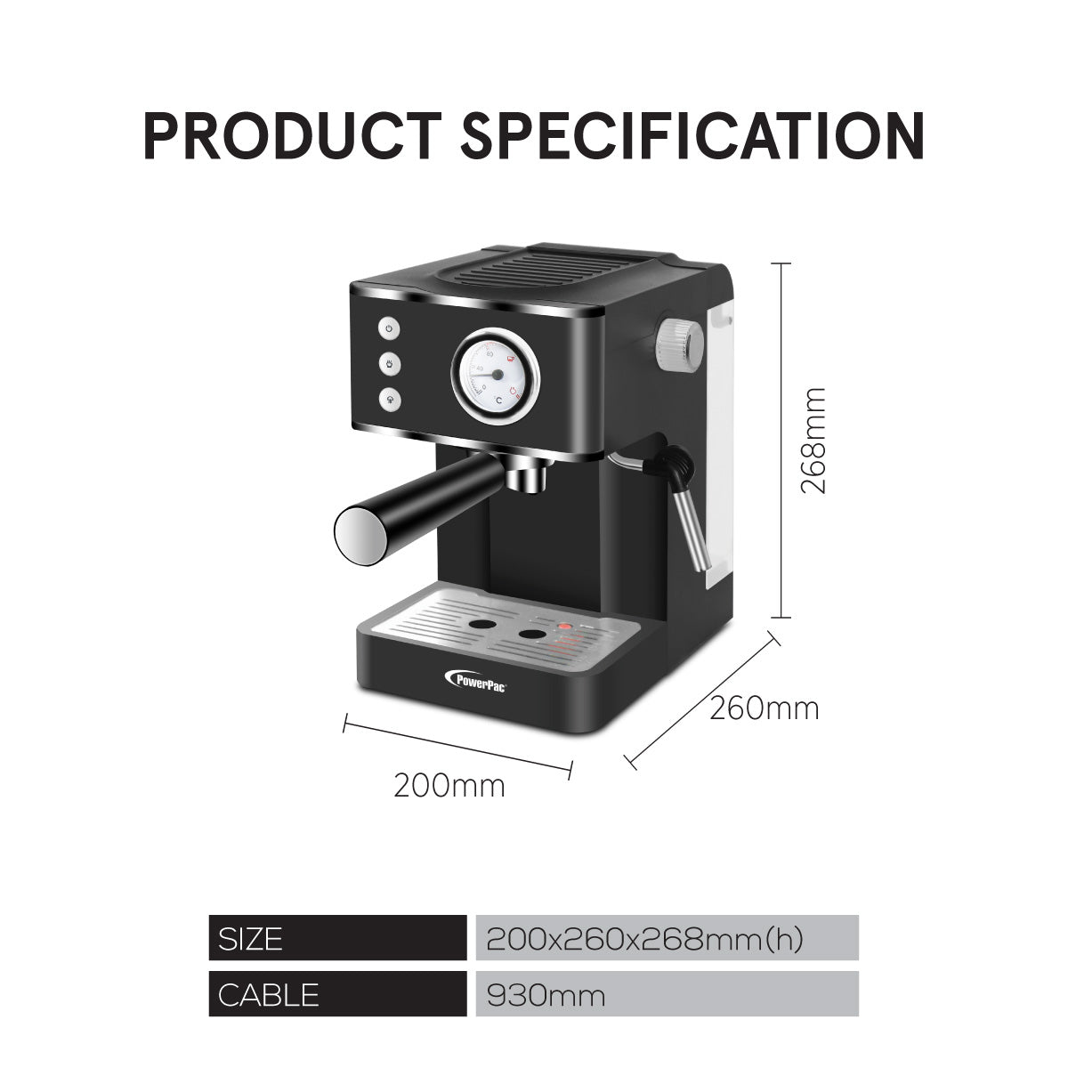 1.2L Coffee Maker High Pressure Water Tank, Coffee Machine Espresso Coffee Machine with Milk Frothing (PPCM331) Black