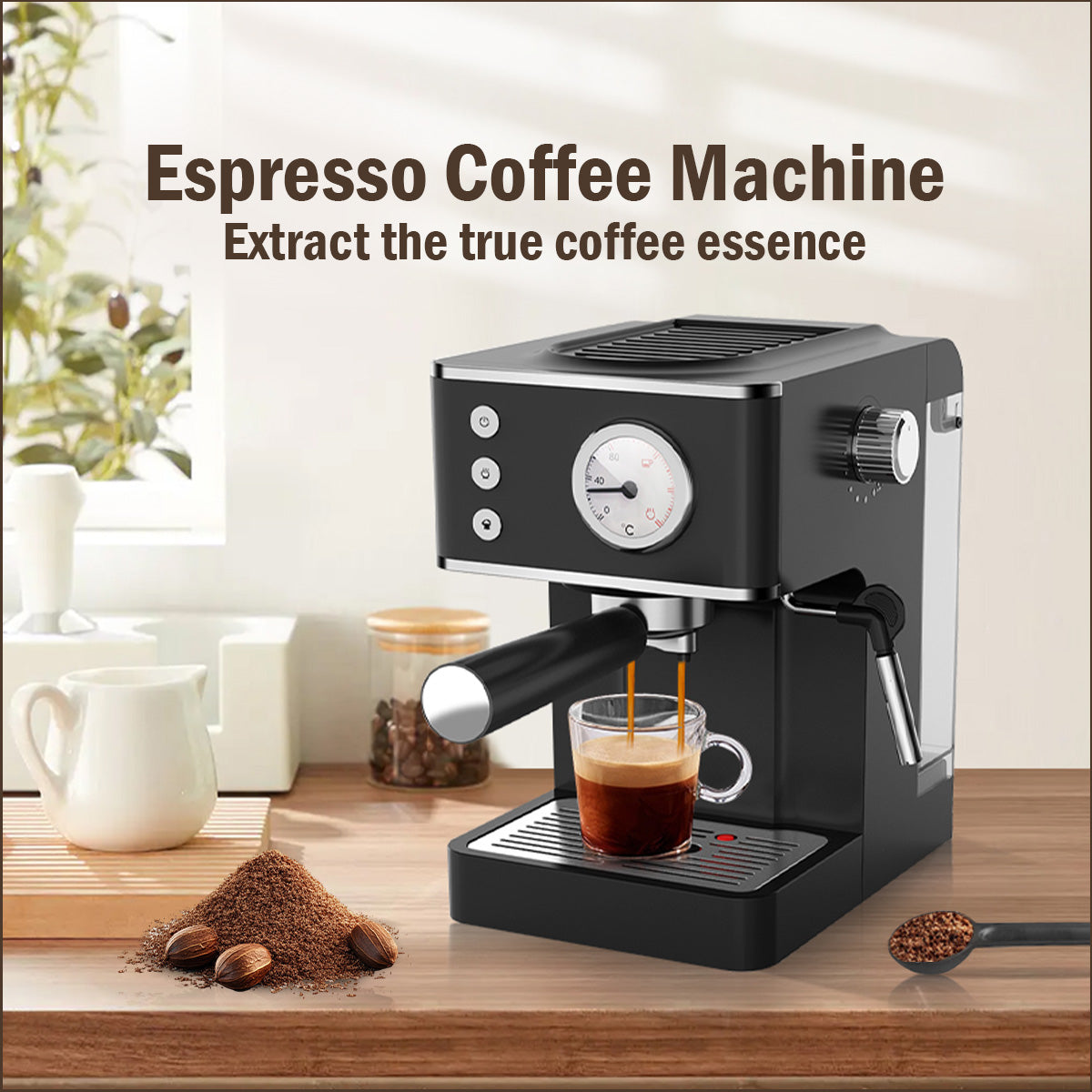 1.2L Coffee Maker High Pressure Water Tank, Coffee Machine Espresso Coffee Machine with Milk Frothing (PPCM331) Black