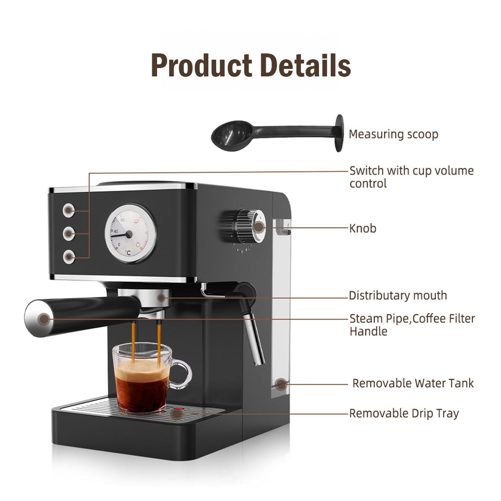 1.2L Coffee Maker High Pressure Water Tank, Coffee Machine Espresso Coffee Machine with Milk Frothing (PPCM331) Black