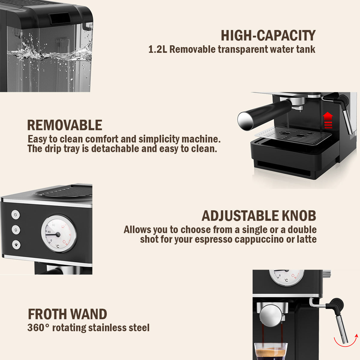 1.2L Coffee Maker High Pressure Water Tank, Coffee Machine Espresso Coffee Machine with Milk Frothing (PPCM331) Black