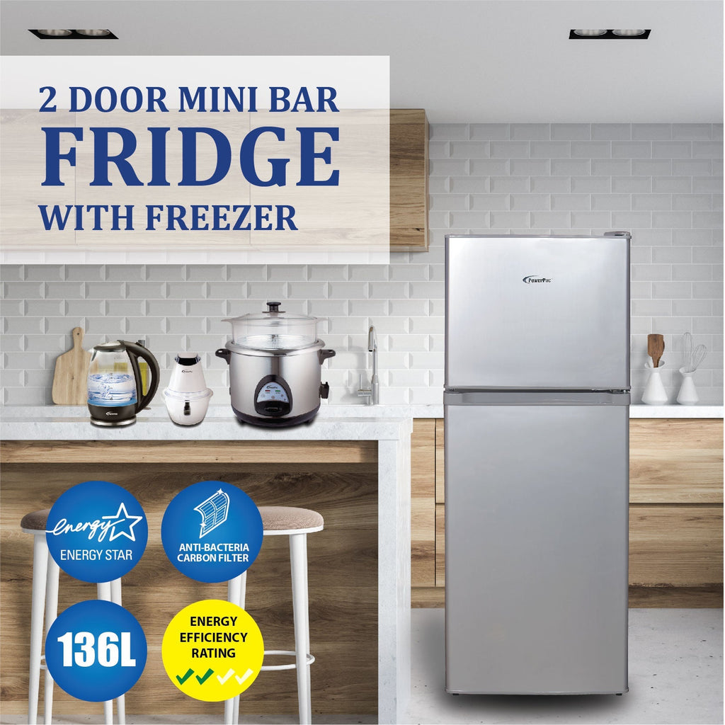 [CLIMATE VOUCHER $400] 135L 2 Door Mini Fridge with Freezer, shelves, crisper, anti-bac Carbon Filter, optimal door seal, Freezer temp < -18°C, silver, PPF136