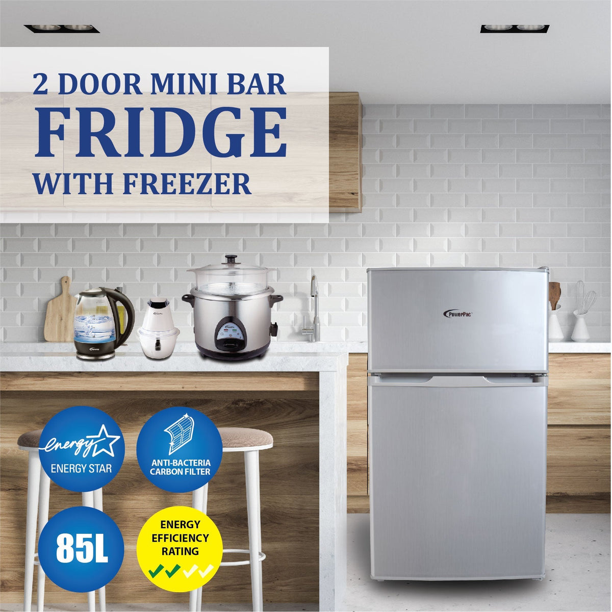 [CLIMATE VOUCHER $400] 71L 2 Door Mini Fridge + Freezer, shelves, crisper, anti-bac Carbon Filter, optimal door seal, Freezer temp < -18°C, silver, PPF85