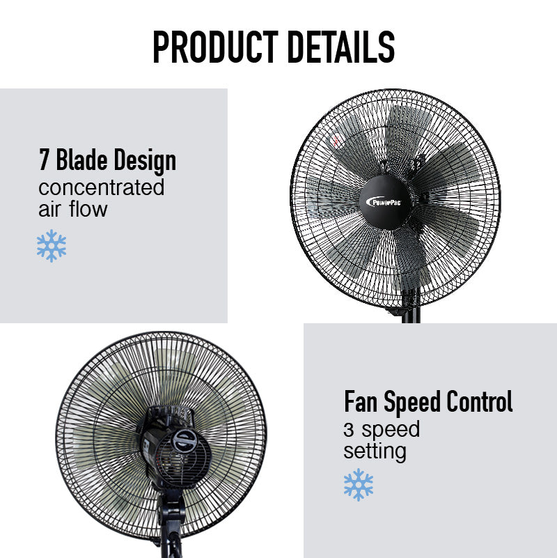 2 in 1 Stand Fan – 7 Blades, Adjustable Tilt, 2 Convertible Height, Oscillation, Powerful, Energy-efficient, 3-Speed, black, PPFS212