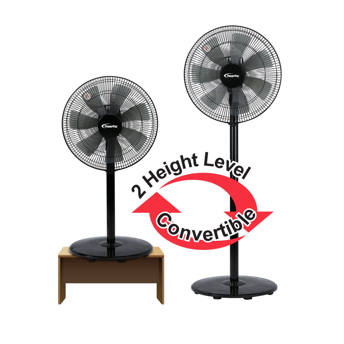 2 in 1 Stand Fan – 7 Blades, Adjustable Tilt, 2 Convertible Height, Oscillation, Powerful, Energy-efficient, 3-Speed, black, PPFS212