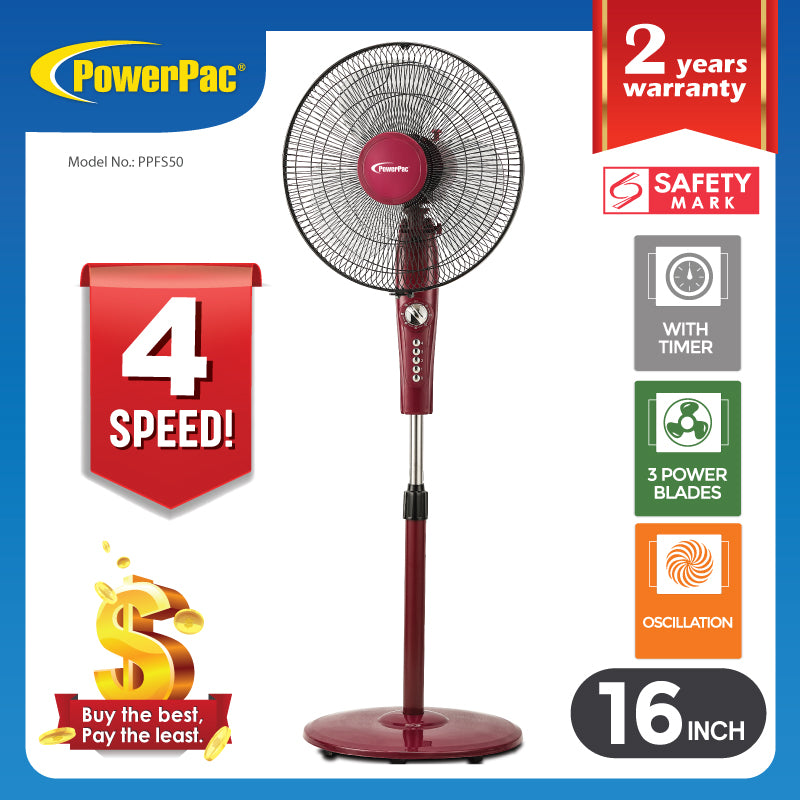 16" Stand Fan – Strong Airflow, Adjustable Tilt & Height, Oscillation, Timer, Durable, Energy-saving, 4-Speed, red, PPFS50