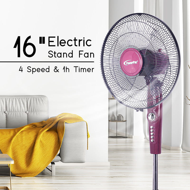 16" Stand Fan – Strong Airflow, Adjustable Tilt & Height, Oscillation, Timer, Durable, Energy-saving, 4-Speed, red, PPFS50