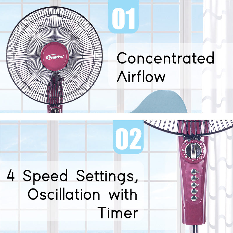 16" Stand Fan – Strong Airflow, Adjustable Tilt & Height, Oscillation, Timer, Durable, Energy-saving, 4-Speed, red, PPFS50
