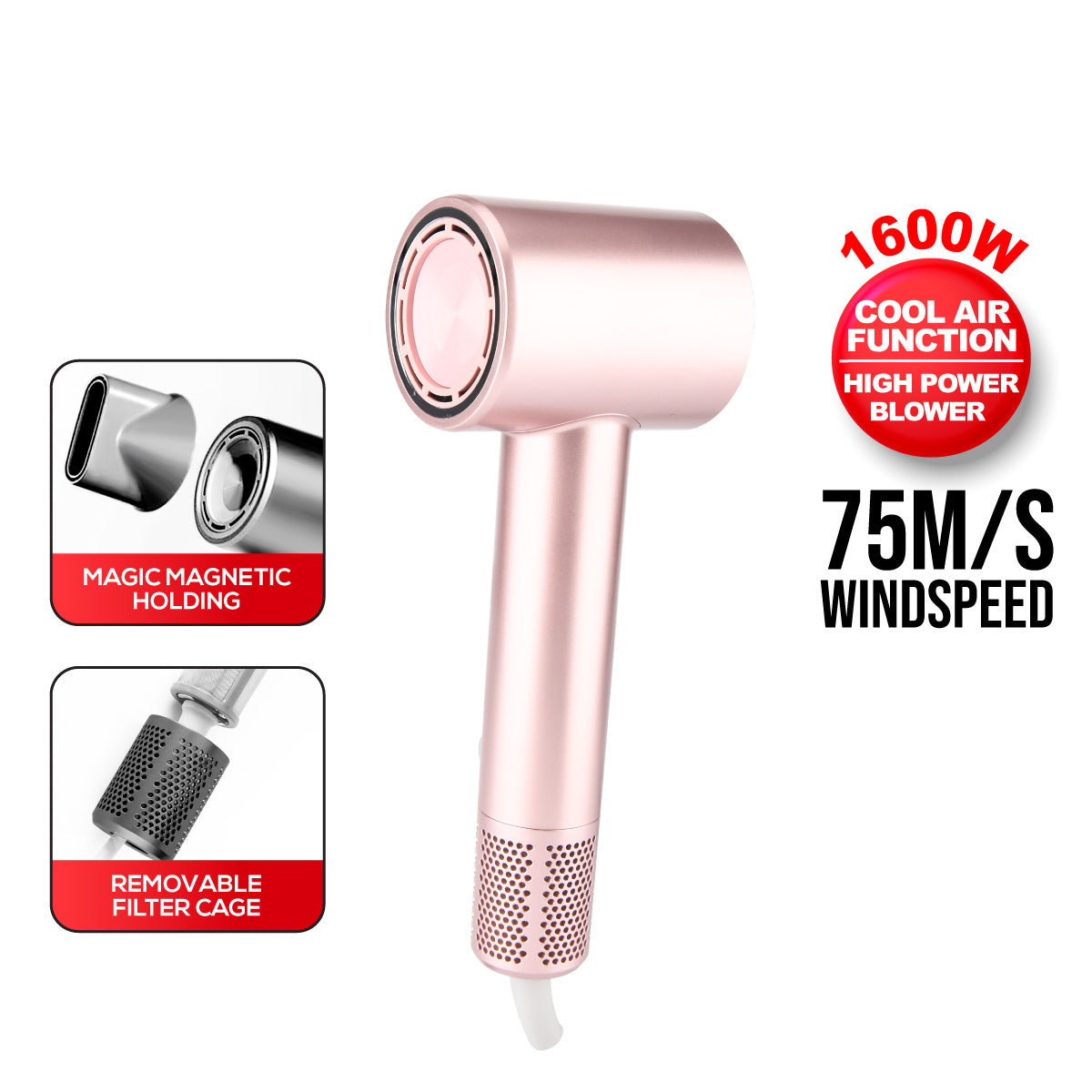 Hair Dryer with cool air, High Speed Hair Dryer, 1600W (PPH2858) PINK