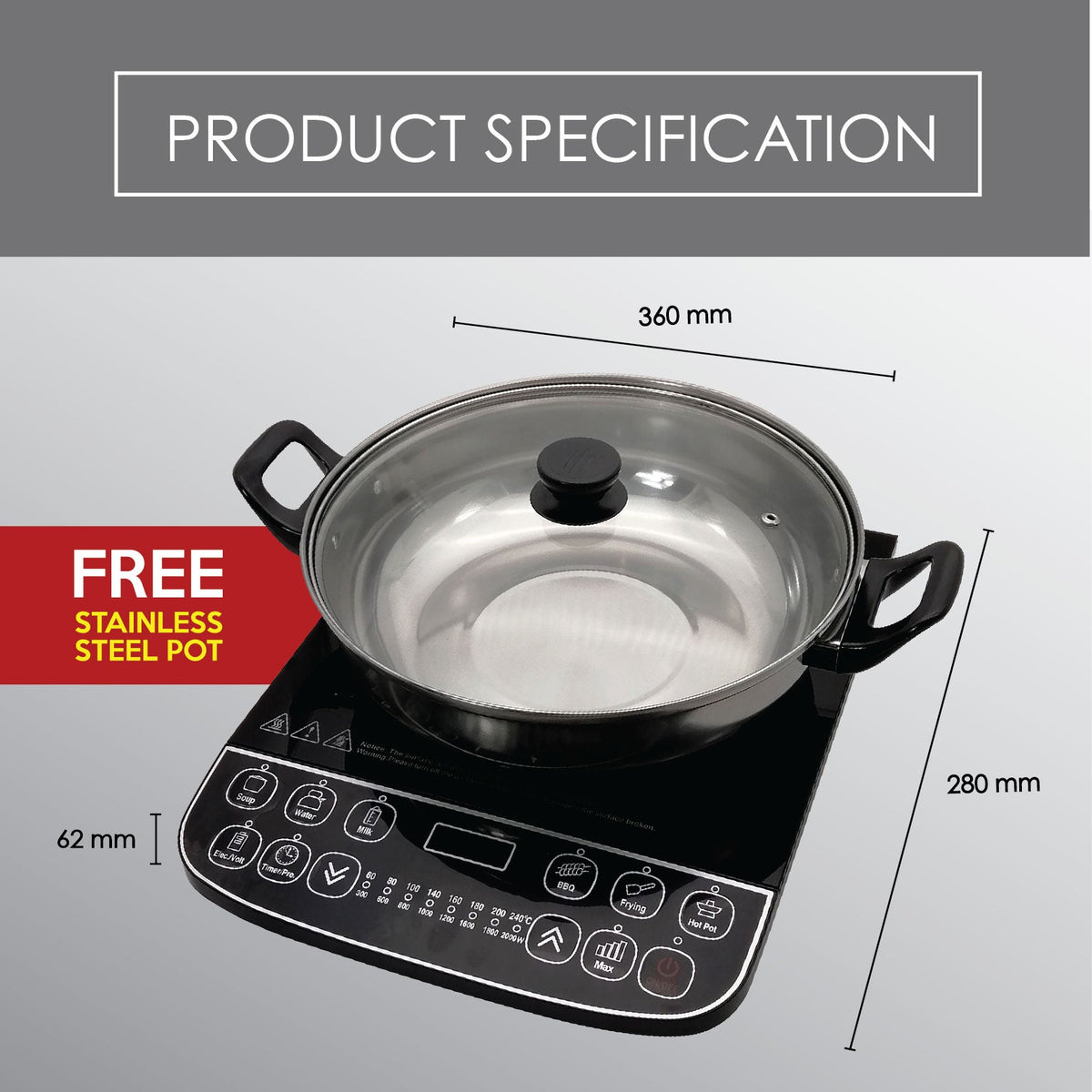Induction Cooker Steamboat with Stainless Steel Pot + Stainless Steel Steamer (PPIC887+Steamer)