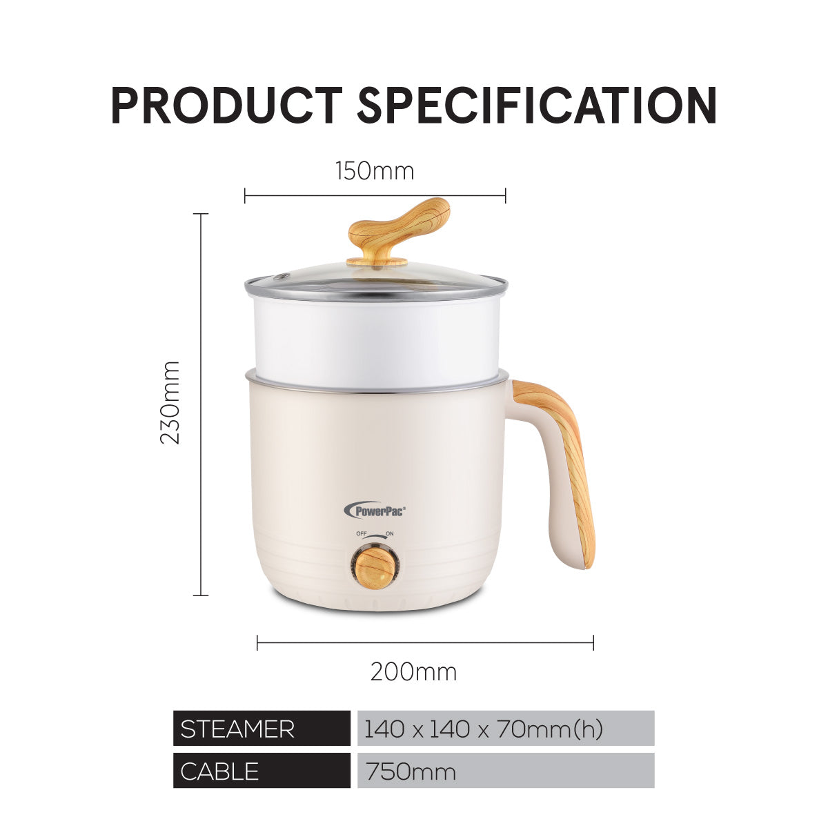 1.2L Stainless Steel Multi Cooker, Steamboat, Steamer (PPJ2012) Black