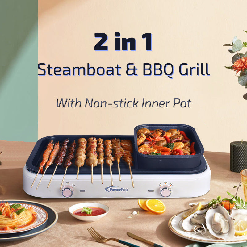 Steamboat with BBQ Grill, 2 in 1 Multi Cooker with Non-stick inner pot (PPMC763)
