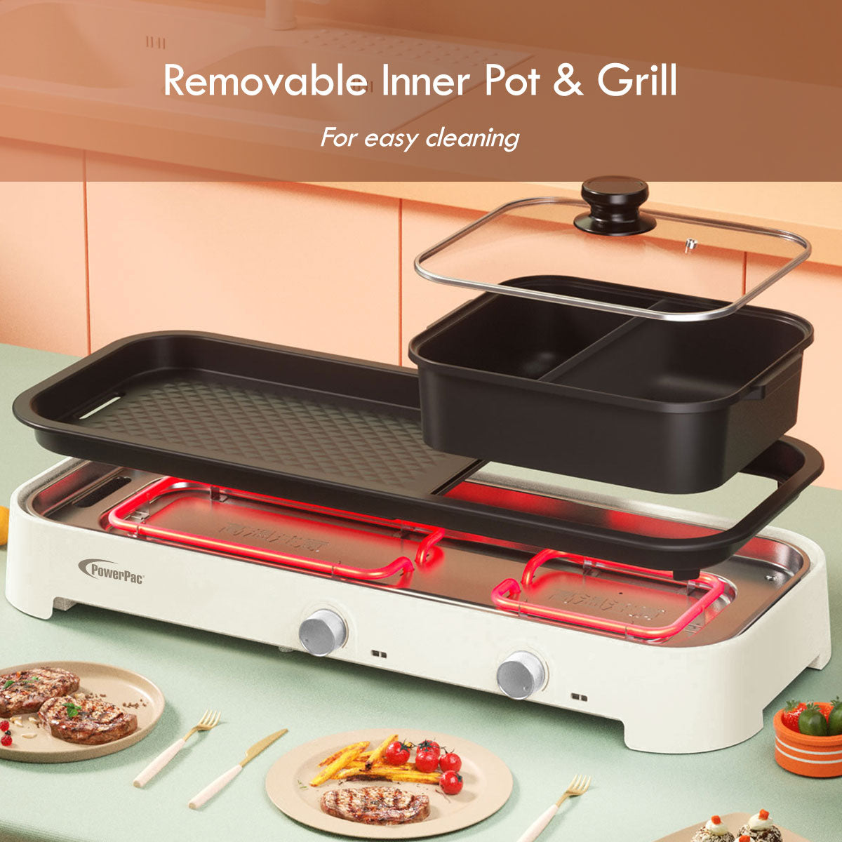 Steamboat with BBQ Grill, 2 in 1 Multi Cooker with Non-stick YuanYang pot (PPMC797)