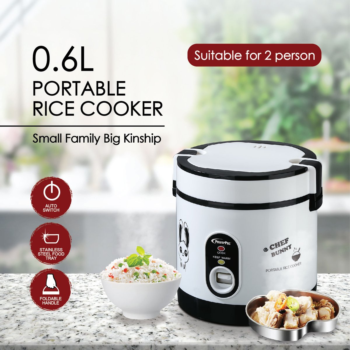 Mini Rice Cooker, Electric Lunch Box 0.6L (PPRC09)