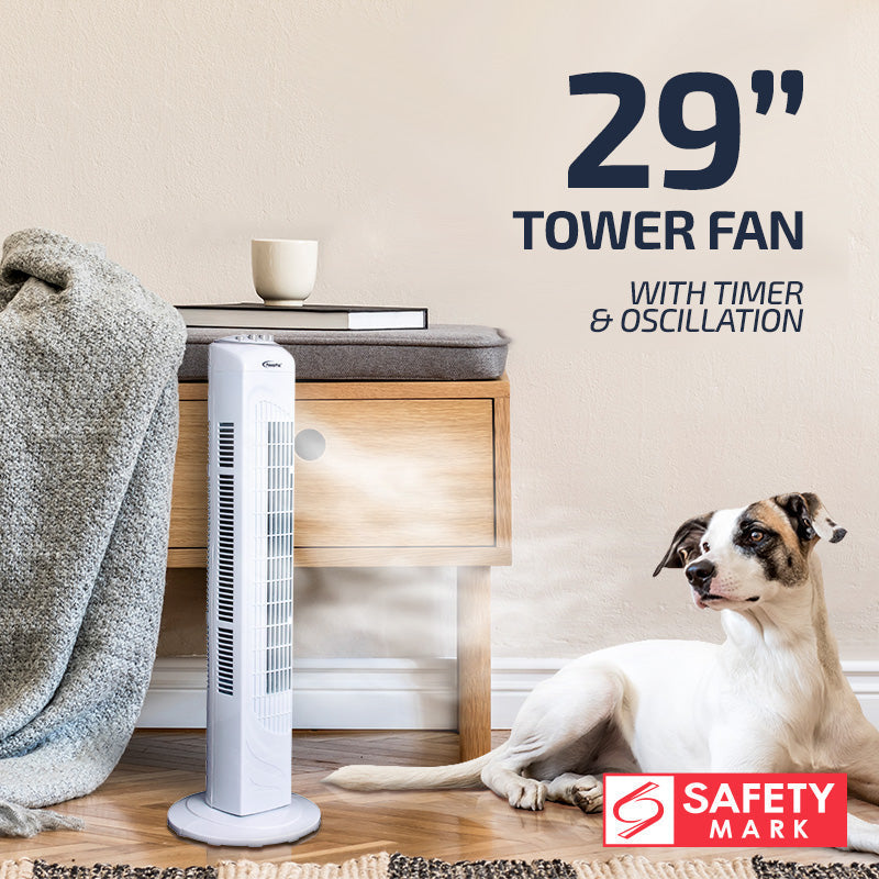 29" Tower Fan – Oscillation, Timer, Portable, Energy-efficient, Thermal protection, 3-Speed, white, PPTF290