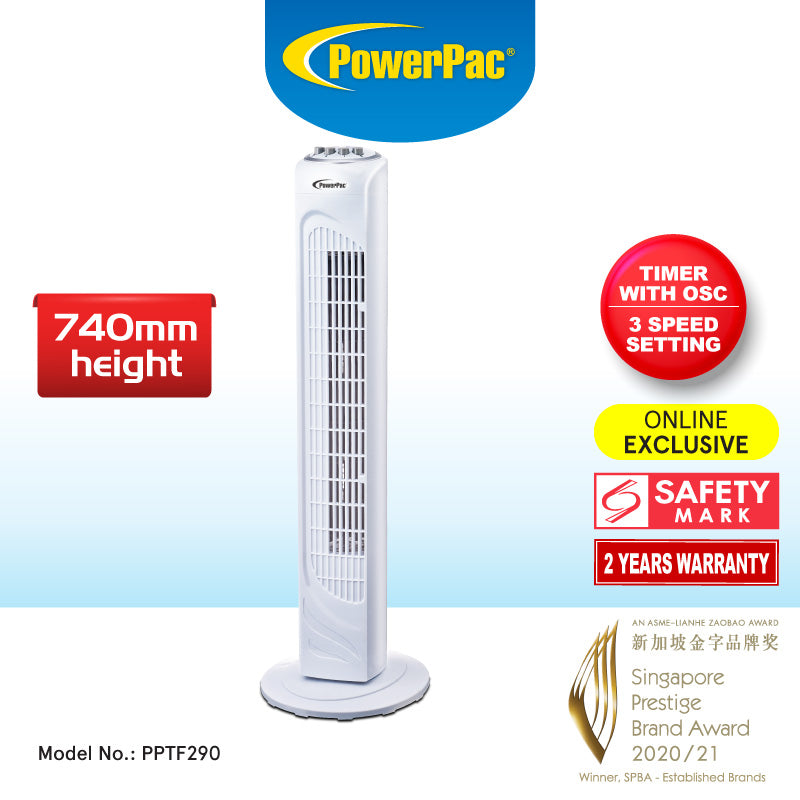 29" Tower Fan – Oscillation, Timer, Portable, Energy-efficient, Thermal protection, 3-Speed, white, PPTF290