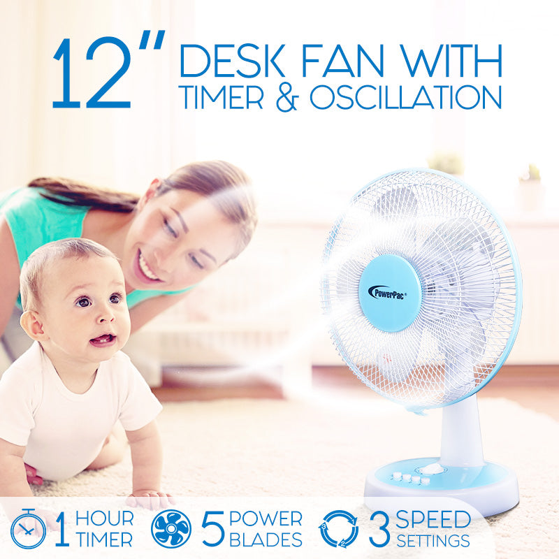 12" Desk Fan – High Velocity, Adjustable Tilt, Oscillation, Quiet, Durable, Overheat Protection, 3-Speed, pale blue & white, PPTF303