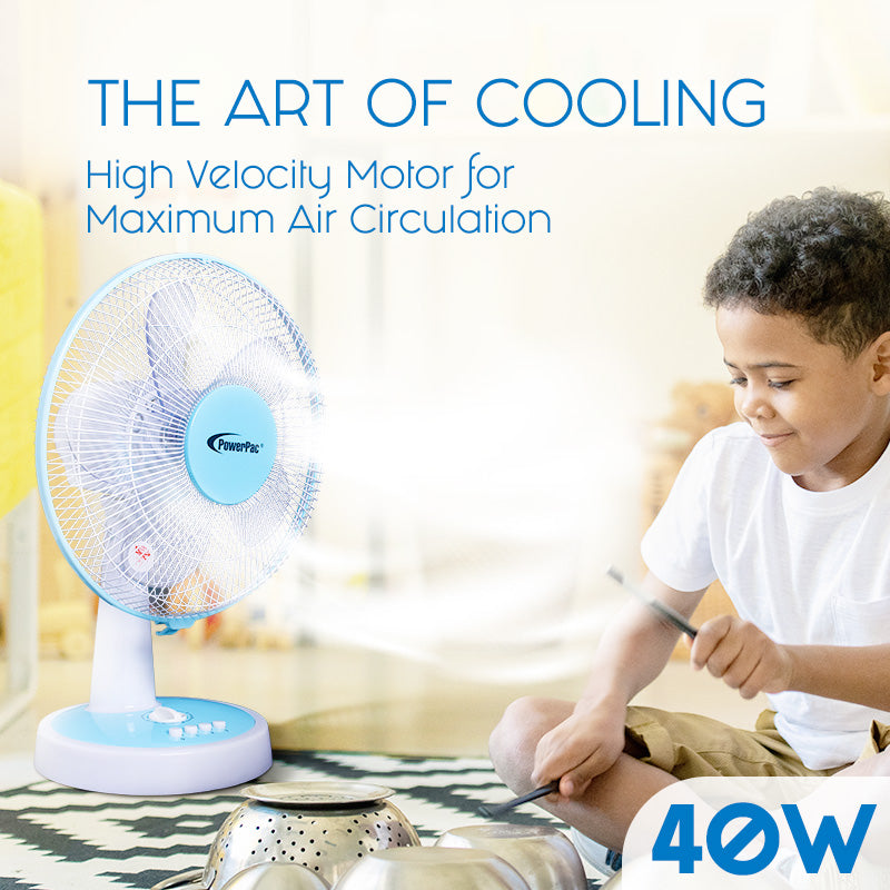 12" Desk Fan – High Velocity, Adjustable Tilt, Oscillation, Quiet, Durable, Overheat Protection, 3-Speed, pale blue & white, PPTF303