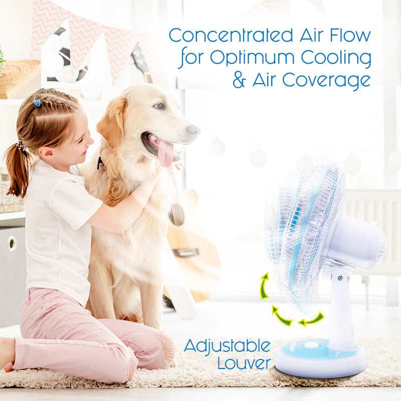 12" Desk Fan – High Velocity, Adjustable Tilt, Oscillation, Quiet, Durable, Overheat Protection, 3-Speed, pale blue & white, PPTF303