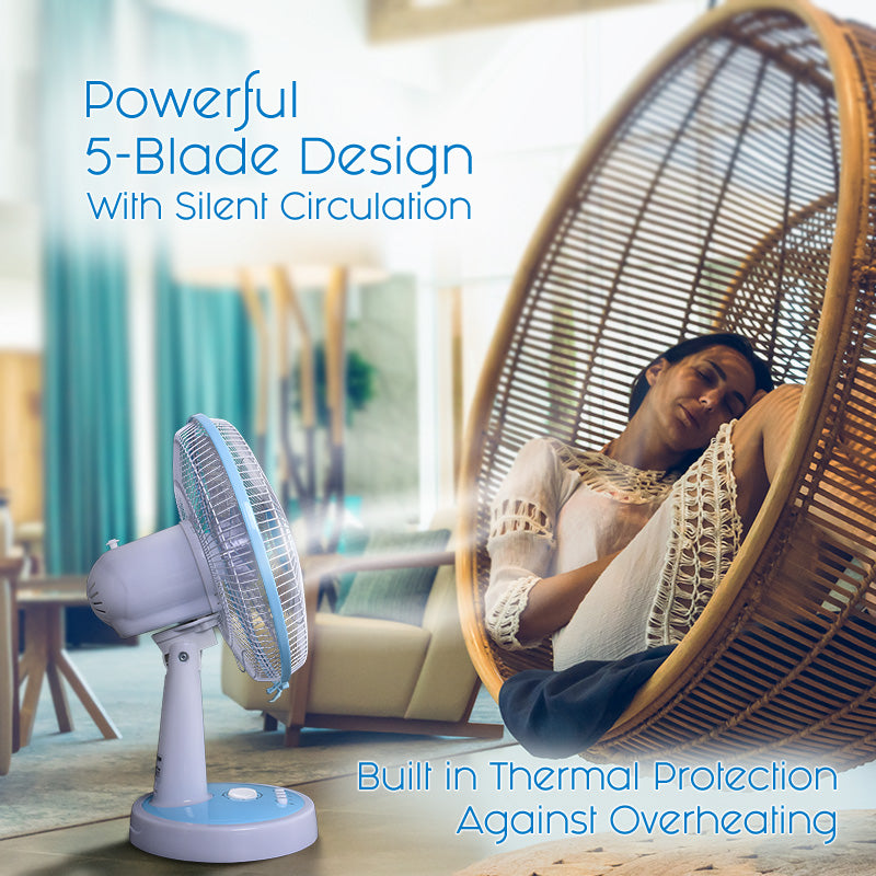 12" Desk Fan – High Velocity, Adjustable Tilt, Oscillation, Quiet, Durable, Overheat Protection, 3-Speed, pale blue & white, PPTF303