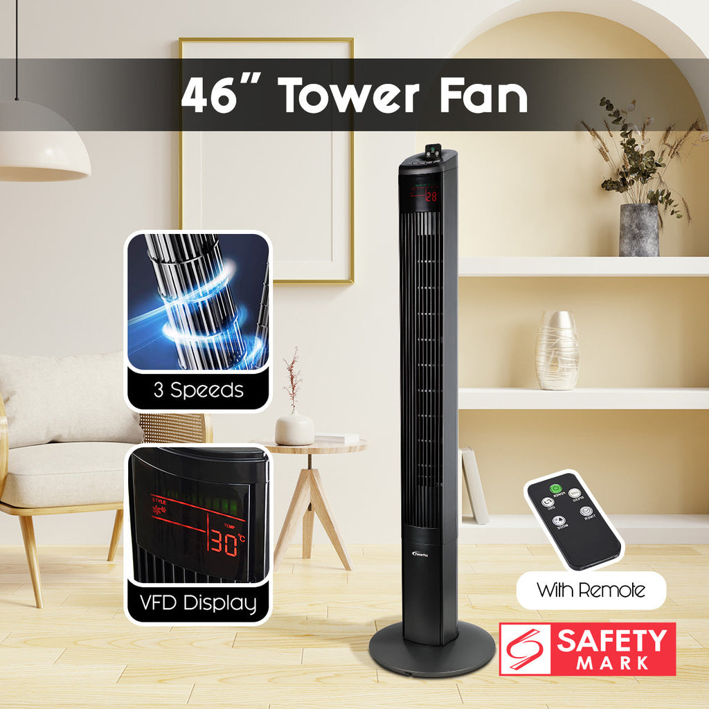 46" Tower Fan – Remote Control, Oscillation, Timer, 3 Modes, Digital display, Portable, Energy-efficient, 3-Speed, grey, PPTF460