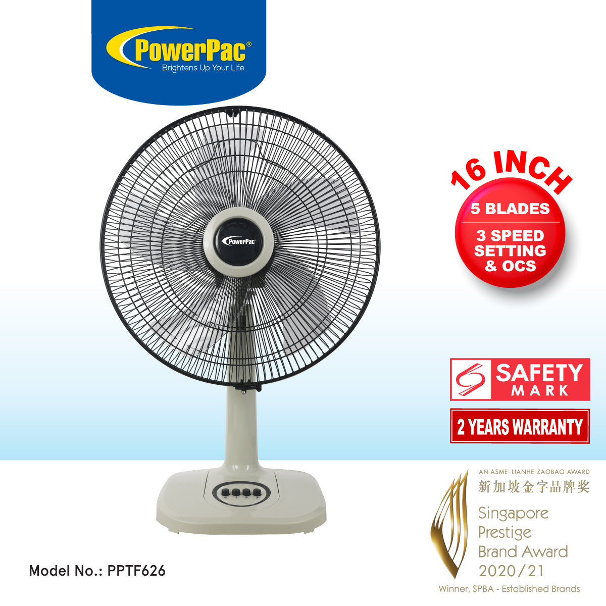16"  Desk Fan – 5-Blades, High Velocity, Adjustable Tilt, Oscillation, Sturdy, Overheat Protection, 4-Speed, white, PPTF626
