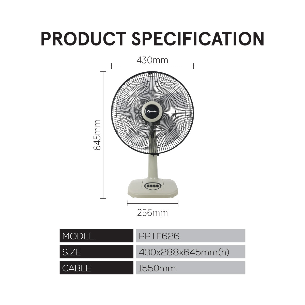 16"  Desk Fan – 5-Blades, High Velocity, Adjustable Tilt, Oscillation, Sturdy, Overheat Protection, 4-Speed, white, PPTF626