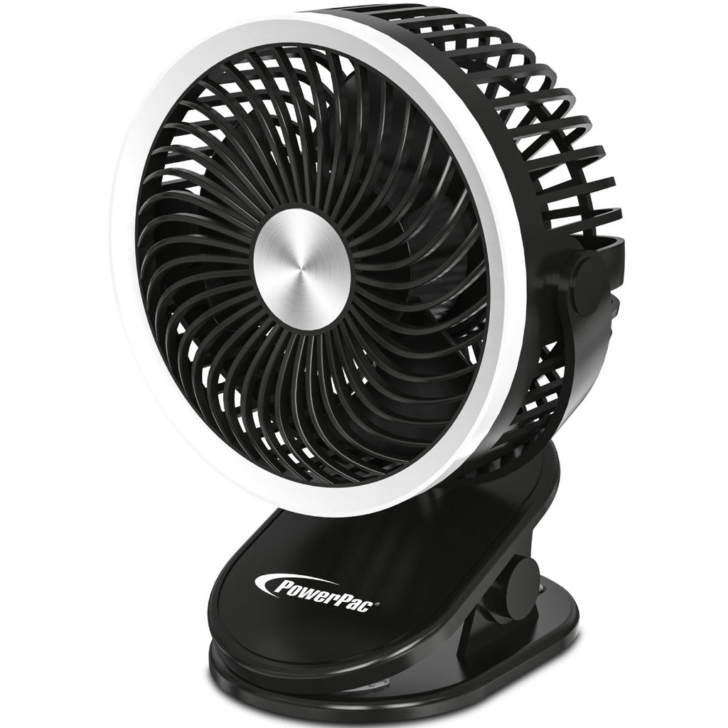 3" Clip/Table Fan – USB, Rechargeable, Portable Wireless, 360° Adjustable Tilt, LED lights, Compact, 3-Speed, black, PPUF226