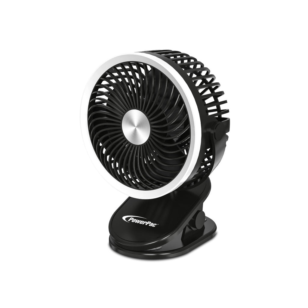 3" Clip/Table Fan – USB, Rechargeable, Portable Wireless, 360° Adjustable Tilt, LED lights, Compact, 3-Speed, black, PPUF226
