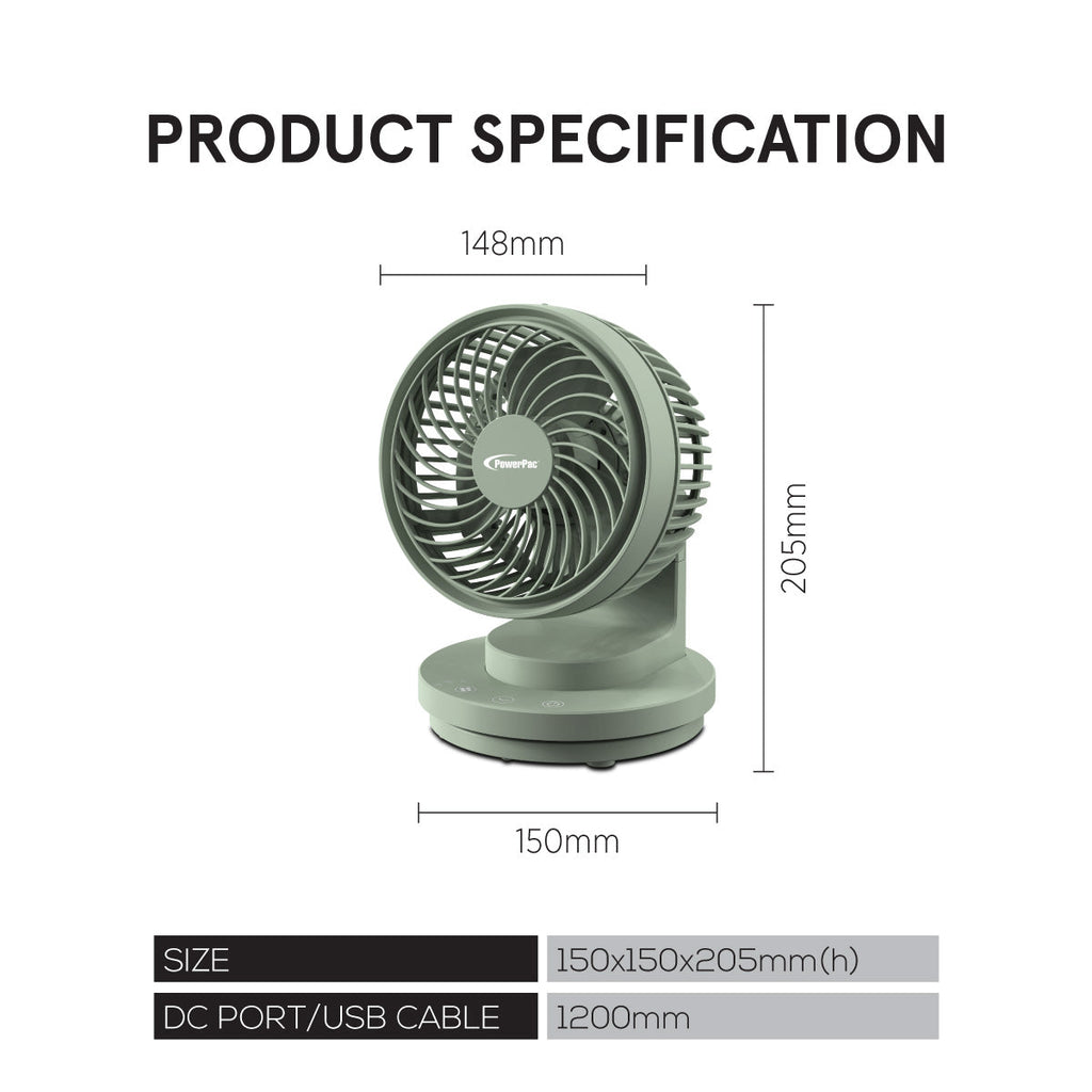6" Table Fan – USB, Air Circulator, Strong Airflow, Adjustable Tilt, Oscillation, Sturdy & Durable, 3-Speed, green, PPUF237