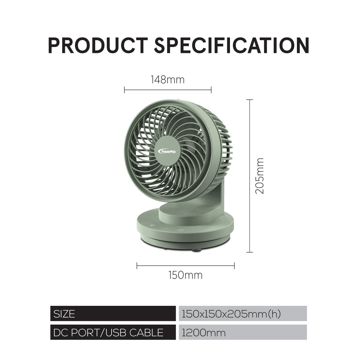 6" Table Fan – USB, Air Circulator, Strong Airflow, Adjustable Tilt, Oscillation, Sturdy & Durable, 3-Speed, green, PPUF237